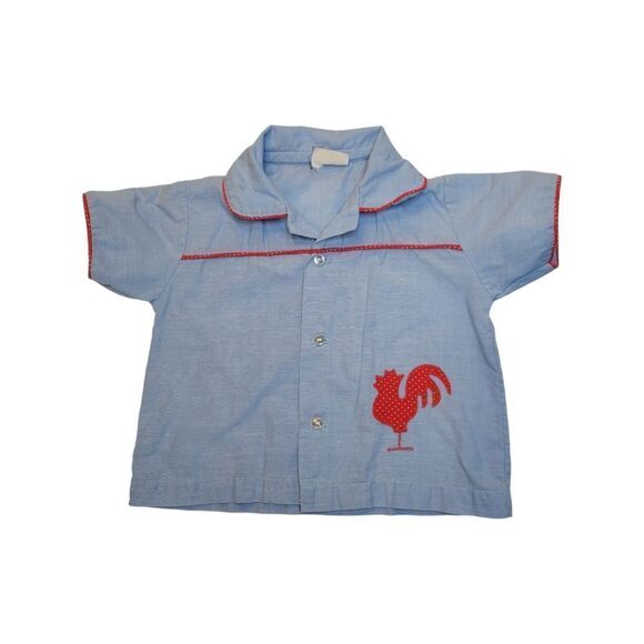 Fawn Fashions Vintage 40s or 50s Infant Shirt Blue with Red Polka-dot Rooster - Picture 1 of 8
